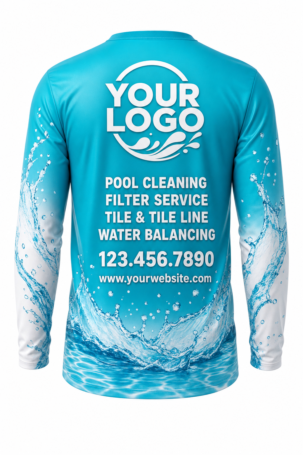 Turquoise Splash custom pool cleaning crew uniform long-sleeve shirt — back (longsleeve-back)