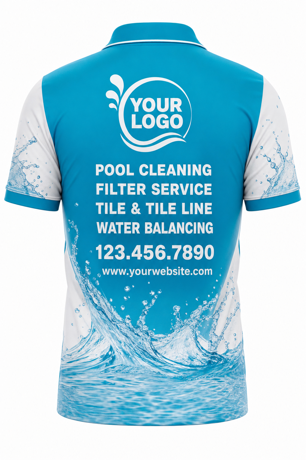 Turquoise Splash custom pool cleaning crew uniform polo shirt — back (polo-back)
