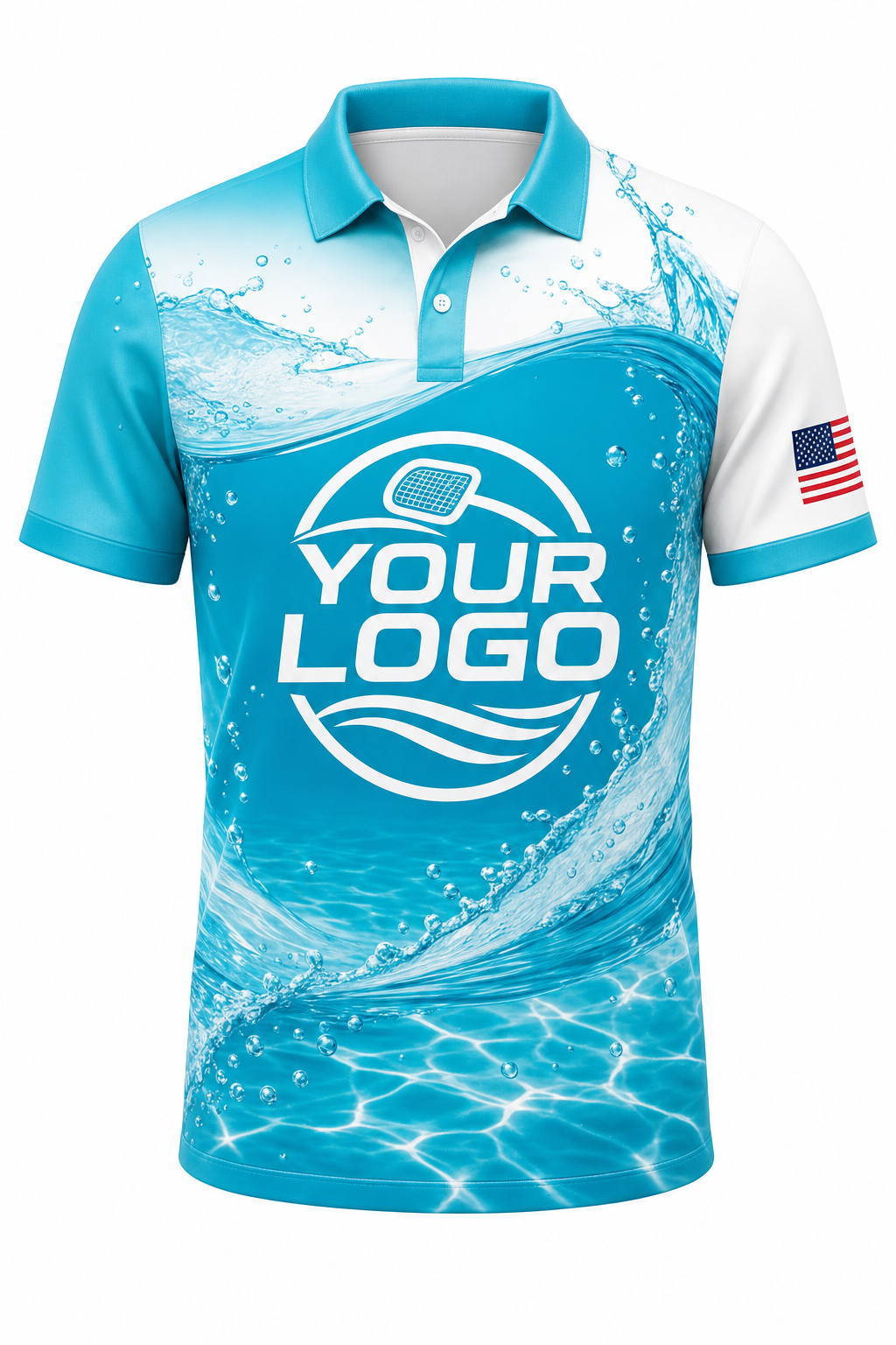 Turquoise Splash custom pool cleaning crew uniform polo shirt — front (polo-front)
