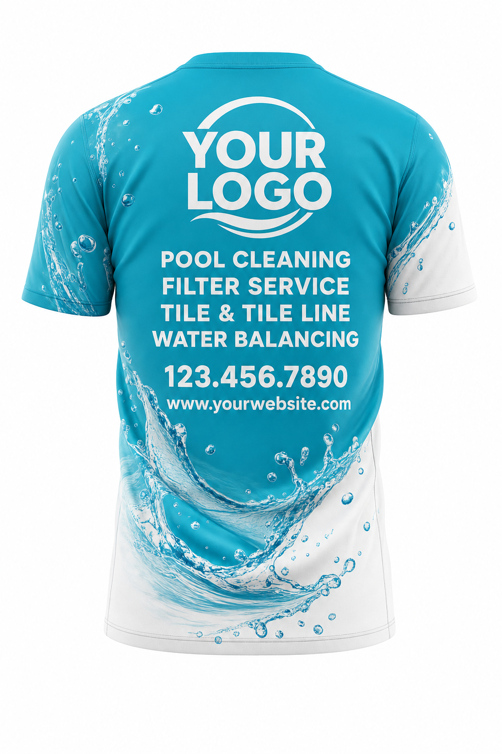 Turquoise Splash custom pool cleaning crew uniform t-shirt — back (tee-back)