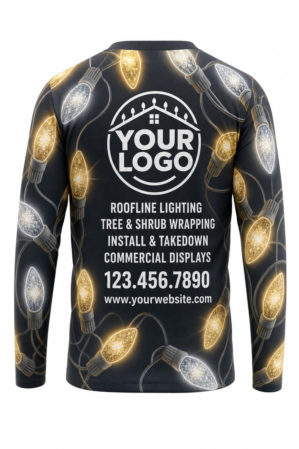 Back of Warm White & Gold Giant C9 Bulbs Christmas light installer shirt: black covered in giant warm white C9 bulbs, with logo, services and phone placeholders
