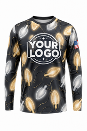 Front of Warm White & Gold Giant C9 Bulbs Christmas light installer shirt: black covered in oversized warm white and gold C9 bulbs
