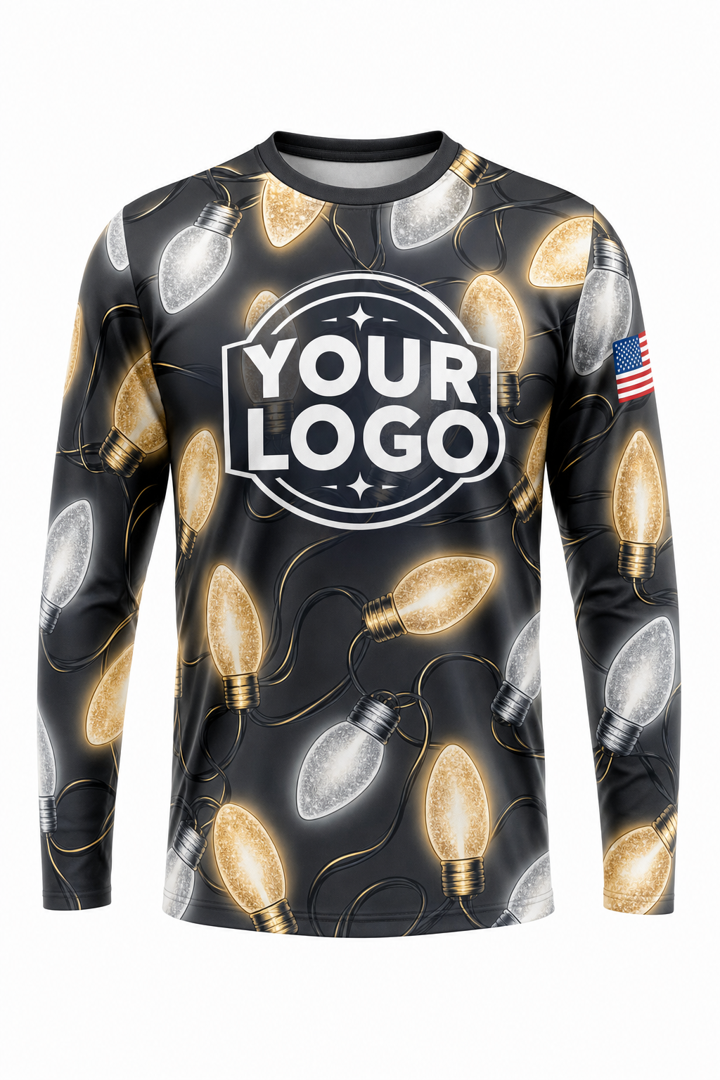 Front of Warm White & Gold Giant C9 Bulbs Christmas light installer shirt: black covered in oversized warm white and gold C9 bulbs