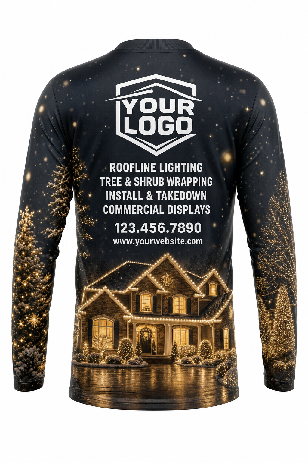 Back of Warm White & Gold Lit House Display Christmas light installer shirt: charcoal with a warm-lit house reflected at the hem, with logo, services and phone placeholders