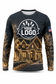 Front of Warm White & Gold Lit House Display Christmas light installer shirt: charcoal with a two-story house glowing in warm white lights