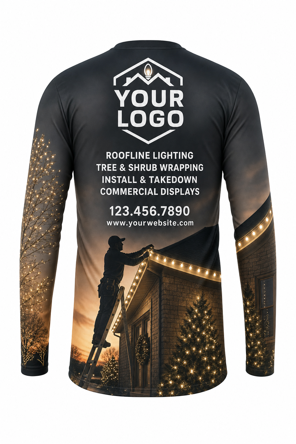 Back of Warm White & Gold Rooftop Crew Christmas light installer shirt: charcoal with a golden sunset installer scene at the hem, with logo, services and phone placeholders