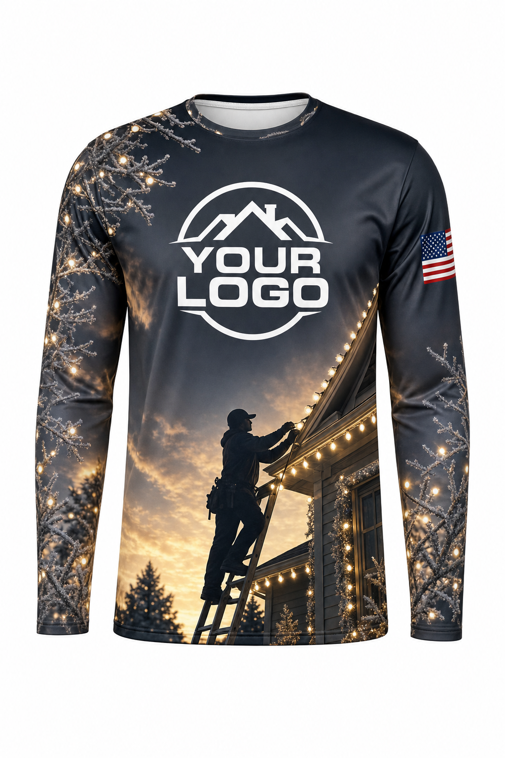 Front of Warm White & Gold Rooftop Crew Christmas light installer shirt: charcoal and sunset gold with an installer on a ladder hanging warm white lights