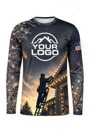 Front of Warm White & Gold Rooftop Crew Christmas light installer shirt: charcoal and sunset gold with an installer on a ladder hanging warm white lights