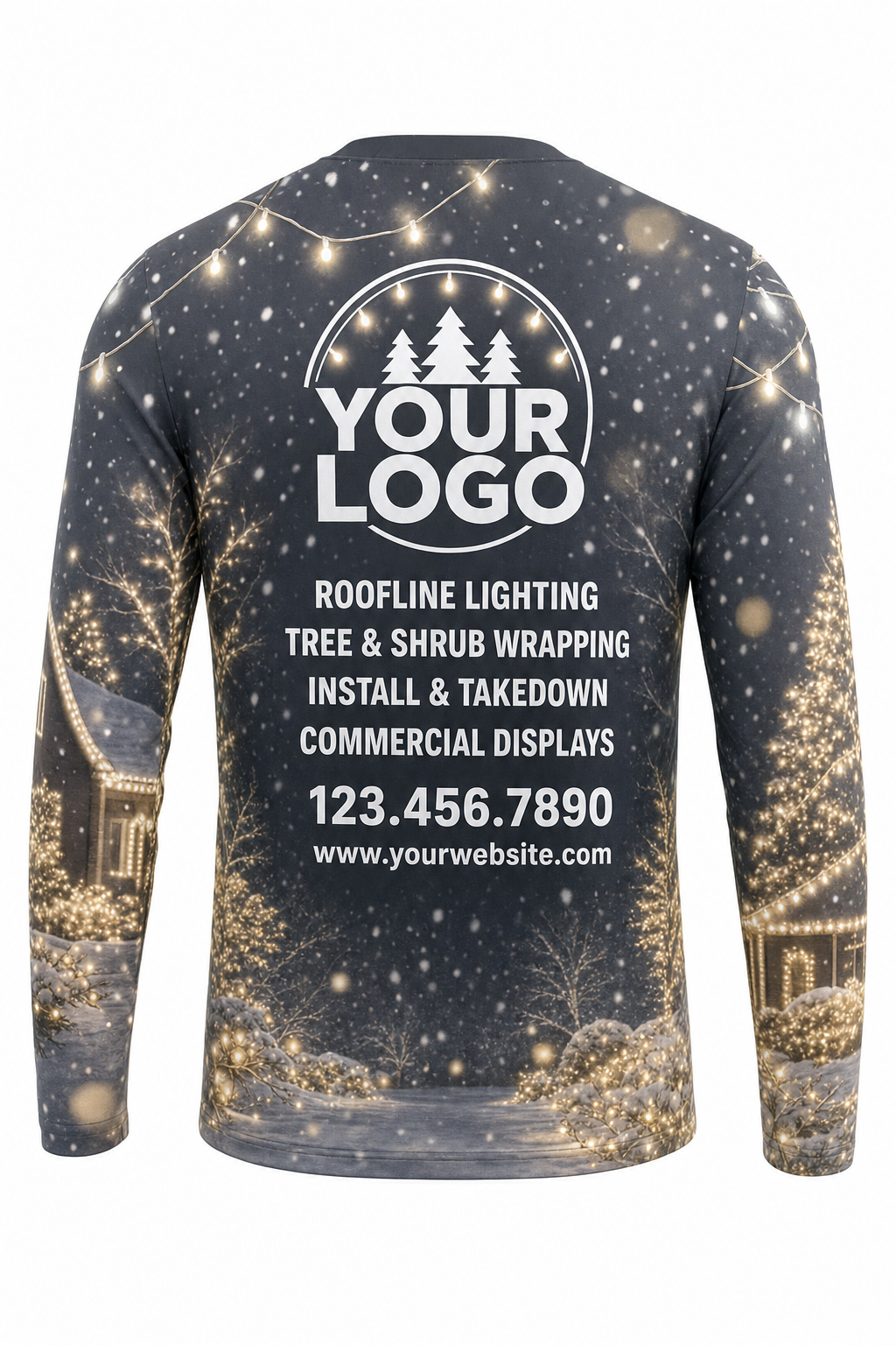 Back of Warm White & Gold Snowfall & Lights Christmas light installer shirt: charcoal with snow and a lit house at the side, with logo, services and phone placeholders