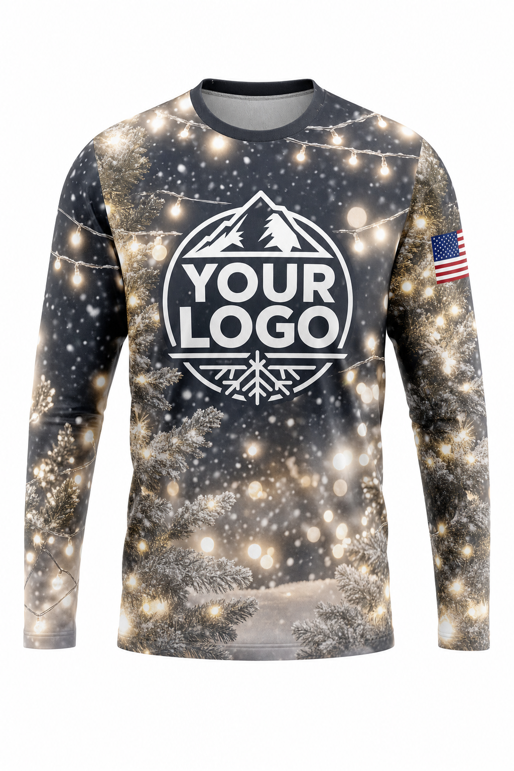 Front of Warm White & Gold Snowfall & Lights Christmas light installer shirt: charcoal with snowfall and warm white light bokeh