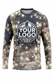 Front of Warm White & Gold Snowfall & Lights Christmas light installer shirt: charcoal with snowfall and warm white light bokeh