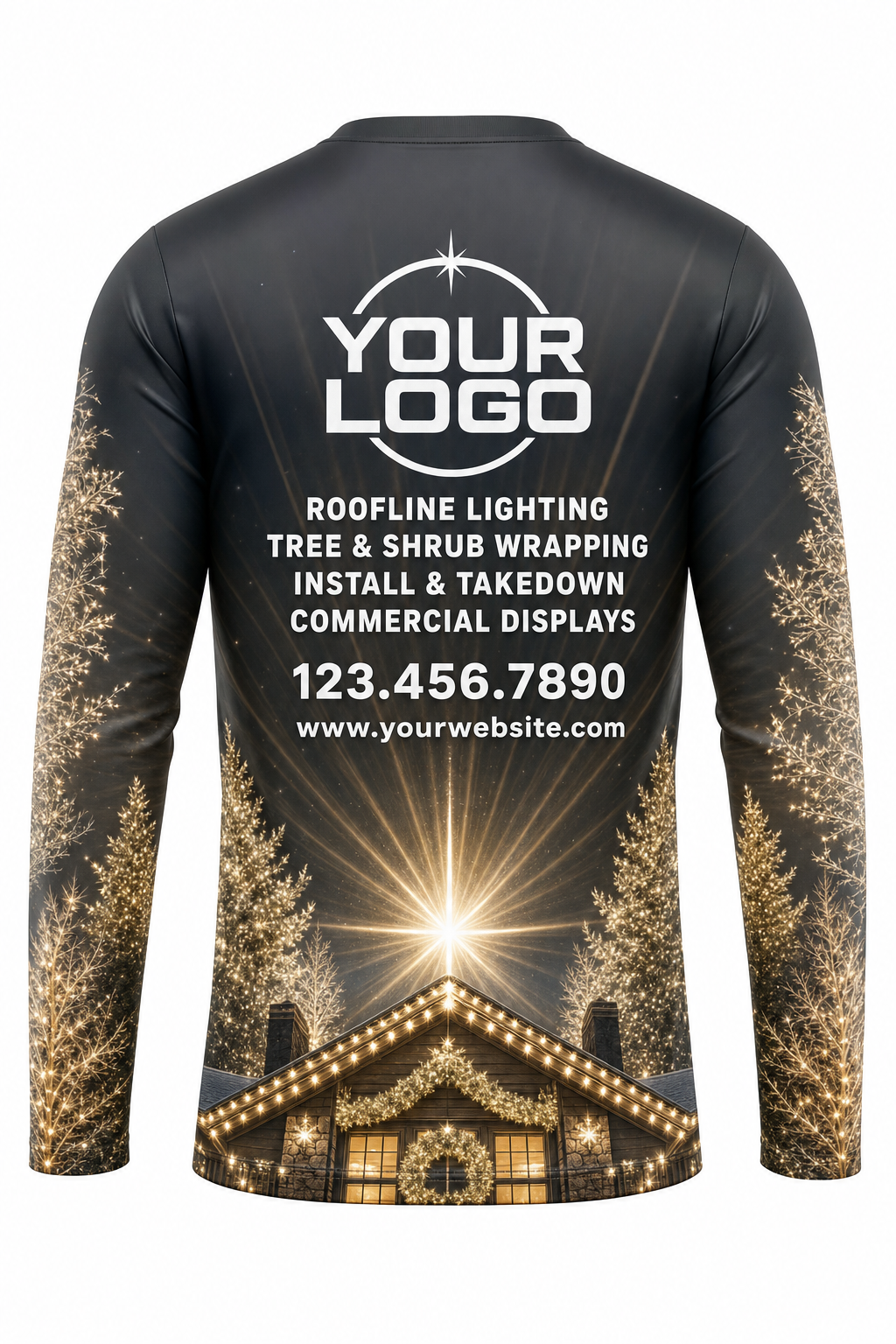 Back of Warm White & Gold Rooftop Star Christmas light installer shirt: charcoal with a star burst over a warm-lit roofline, with logo, services and phone placeholders