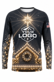 Front of Warm White & Gold Rooftop Star Christmas light installer shirt: charcoal with a gold star above a warm-lit gable and wreath