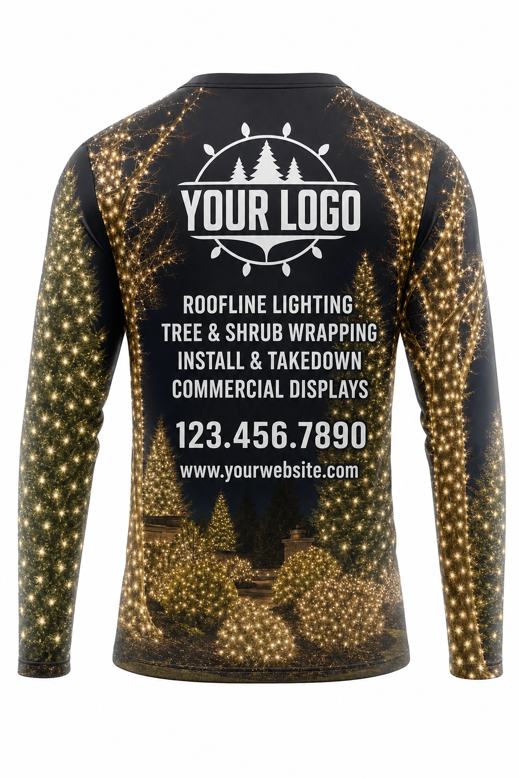 Back of Warm White & Gold Tree & Shrub Wrap Christmas light installer shirt: charcoal with warm white light-wrapped trees along the sides, with logo, services and phone placeholders
