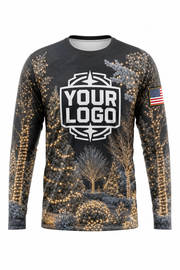 Front of Warm White & Gold Tree & Shrub Wrap Christmas light installer shirt: charcoal with trees and shrubs wrapped in warm white lights