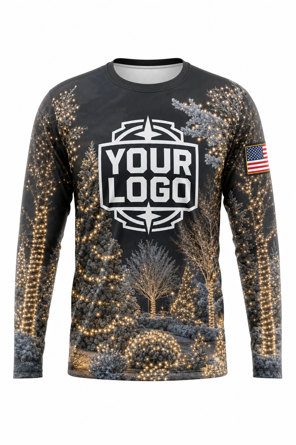 Front of Warm White & Gold Tree & Shrub Wrap Christmas light installer shirt: charcoal with trees and shrubs wrapped in warm white lights