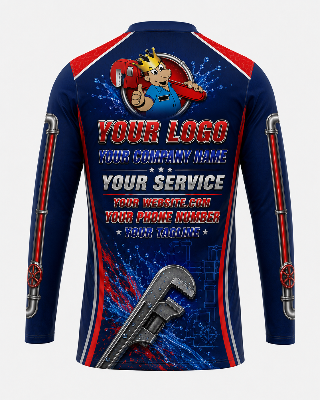 Wrench King custom plumbing crew uniform, back